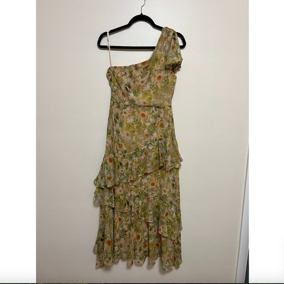 ASTR The Label Asymmetric Ruffle One-shoulder Maxi Dress In Green Cream Floral - Picture 3 of 8